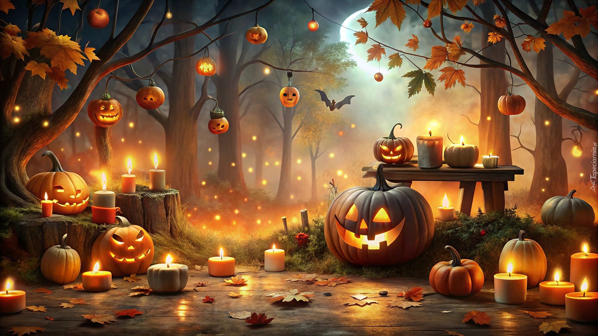 Grafika, Halloween, Drzewa, Księżyc, Dynie, Świece, Liście, Nietoperz