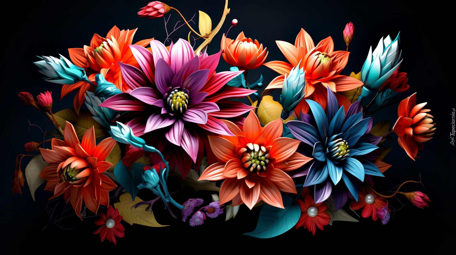 Kwiaty, Kolorowe, Kompozycja, Czarne tło, Grafika