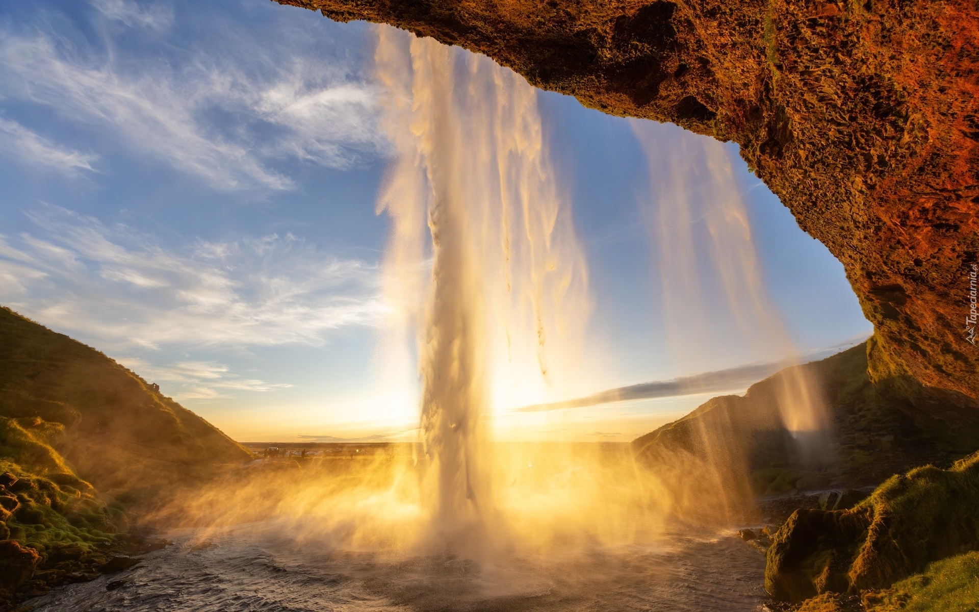 Islandia, Wodospad, Seljalandsfoss, Skały, Promienie Słońca