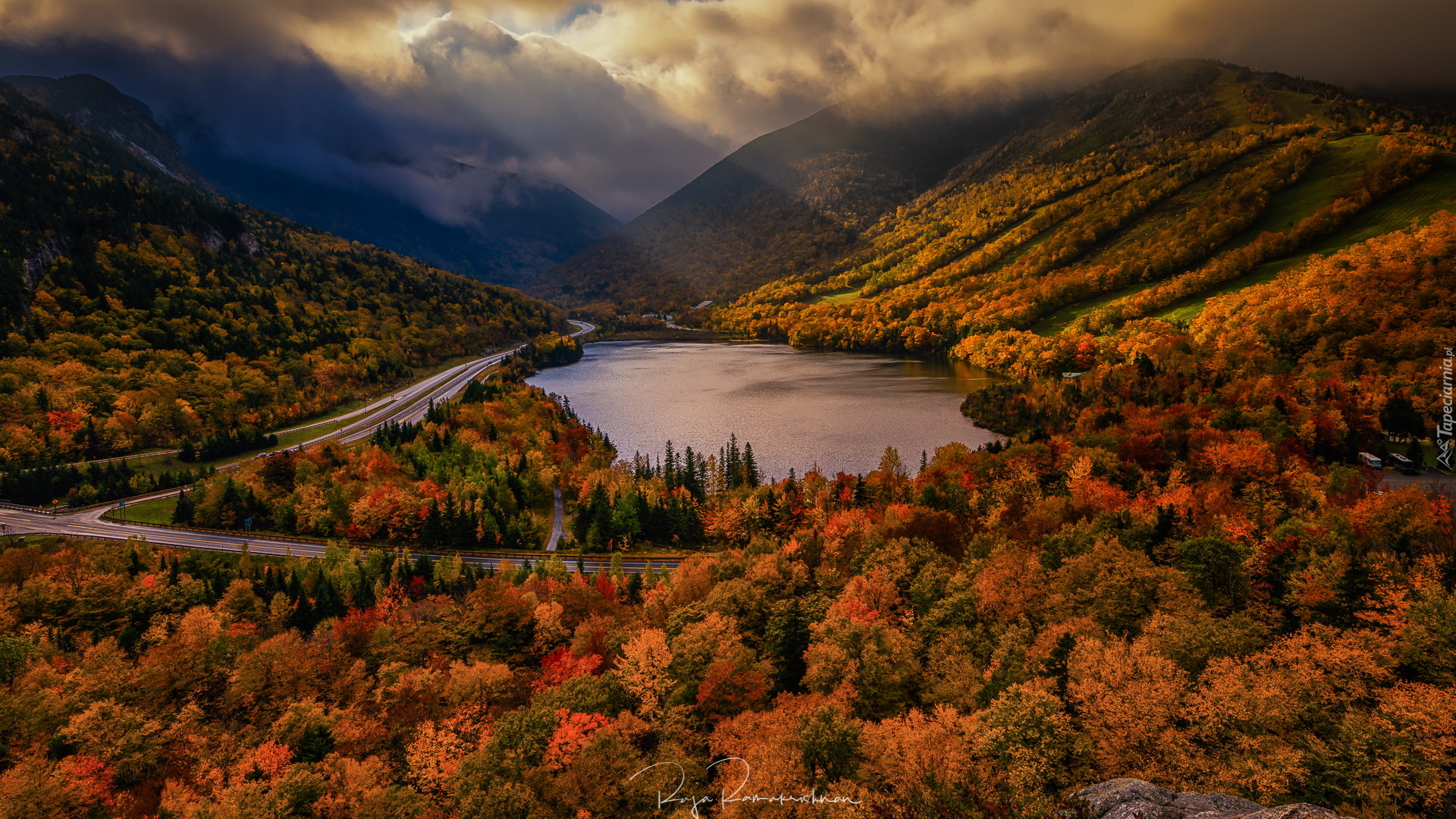 Jesień, Jezioro, Echo Lake, Góry Białe, White Mountains, Lasy, Drzewa, Droga, Stan New Hampshire, Stany Zjednoczone