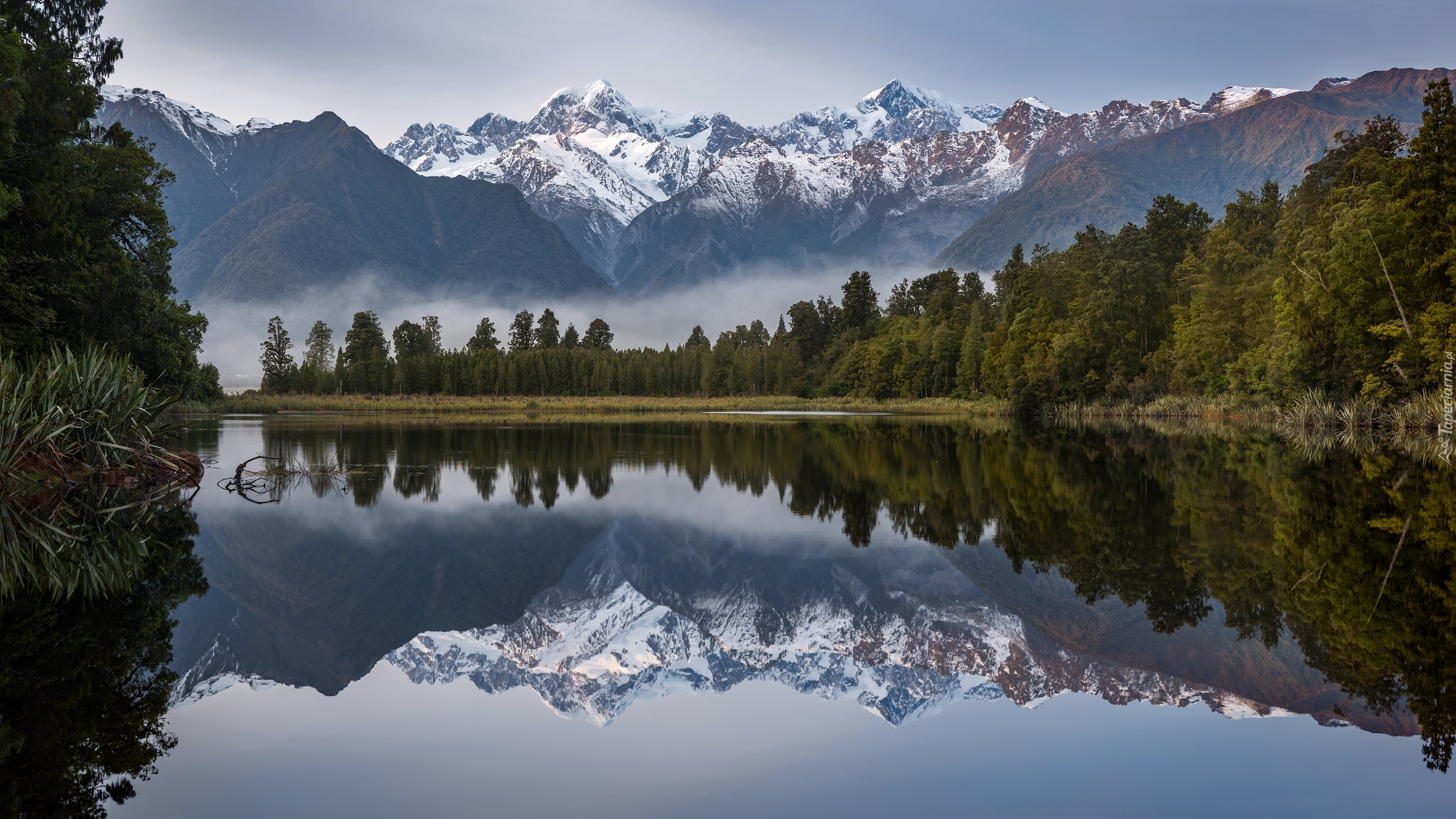 Park Narodowy Góry Cooka, Góry, Drzewa, Mgła, Odbicie, Jezioro Matheson, Góra Cooka, Nowa Zelandia