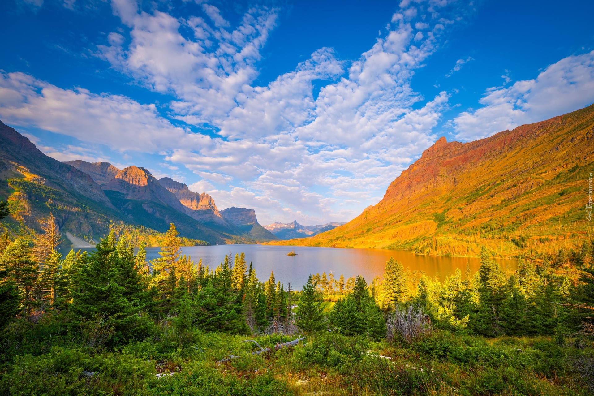 Jezioro, Saint Mary Lake, Góry, Park Narodowy Glacier, Stan Montana, Stany Zjednoczone