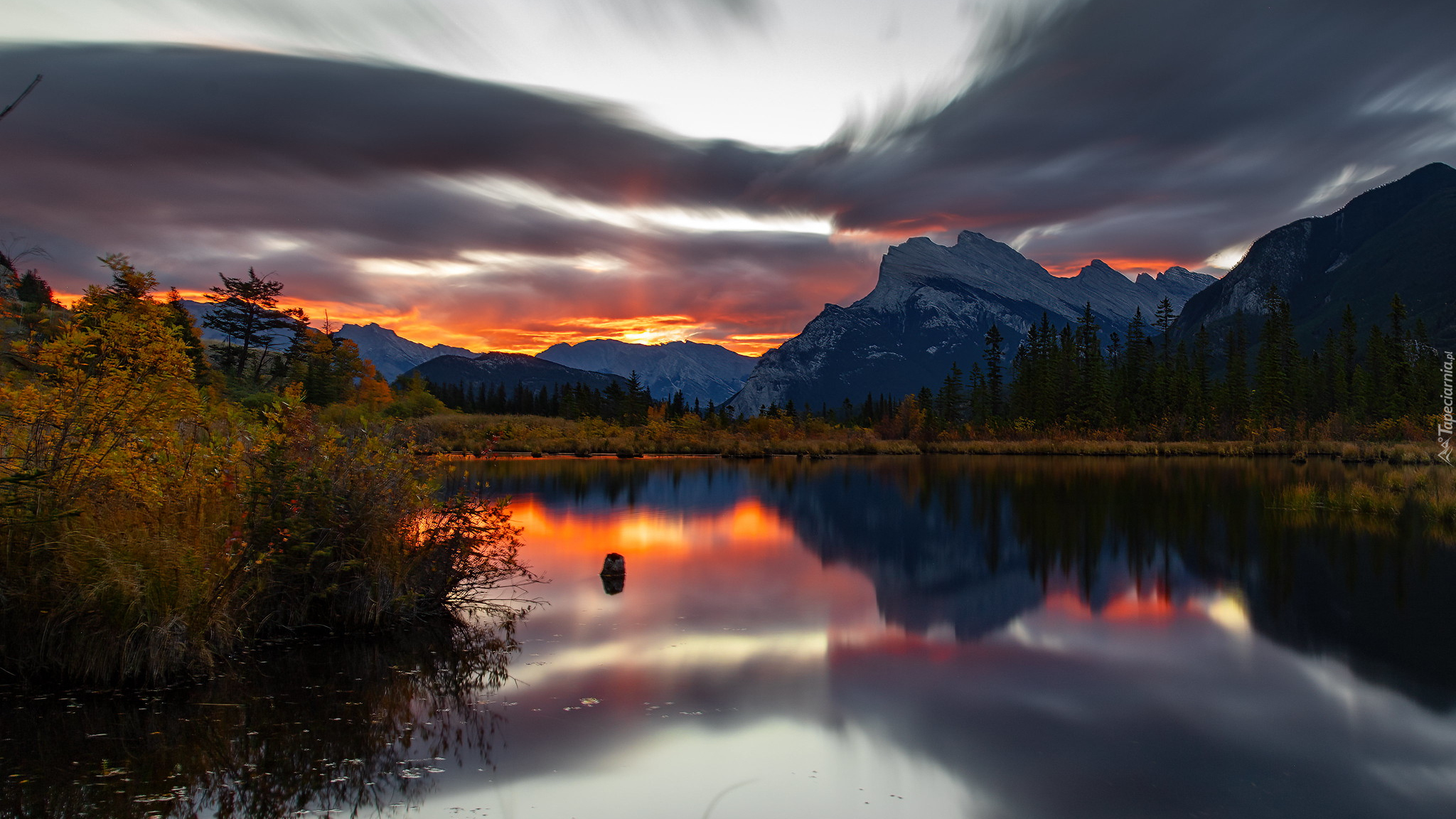 Jezioro, Vermilion Lake, Park Narodowy Banff, Góry, Wschód Słońca, Kanada