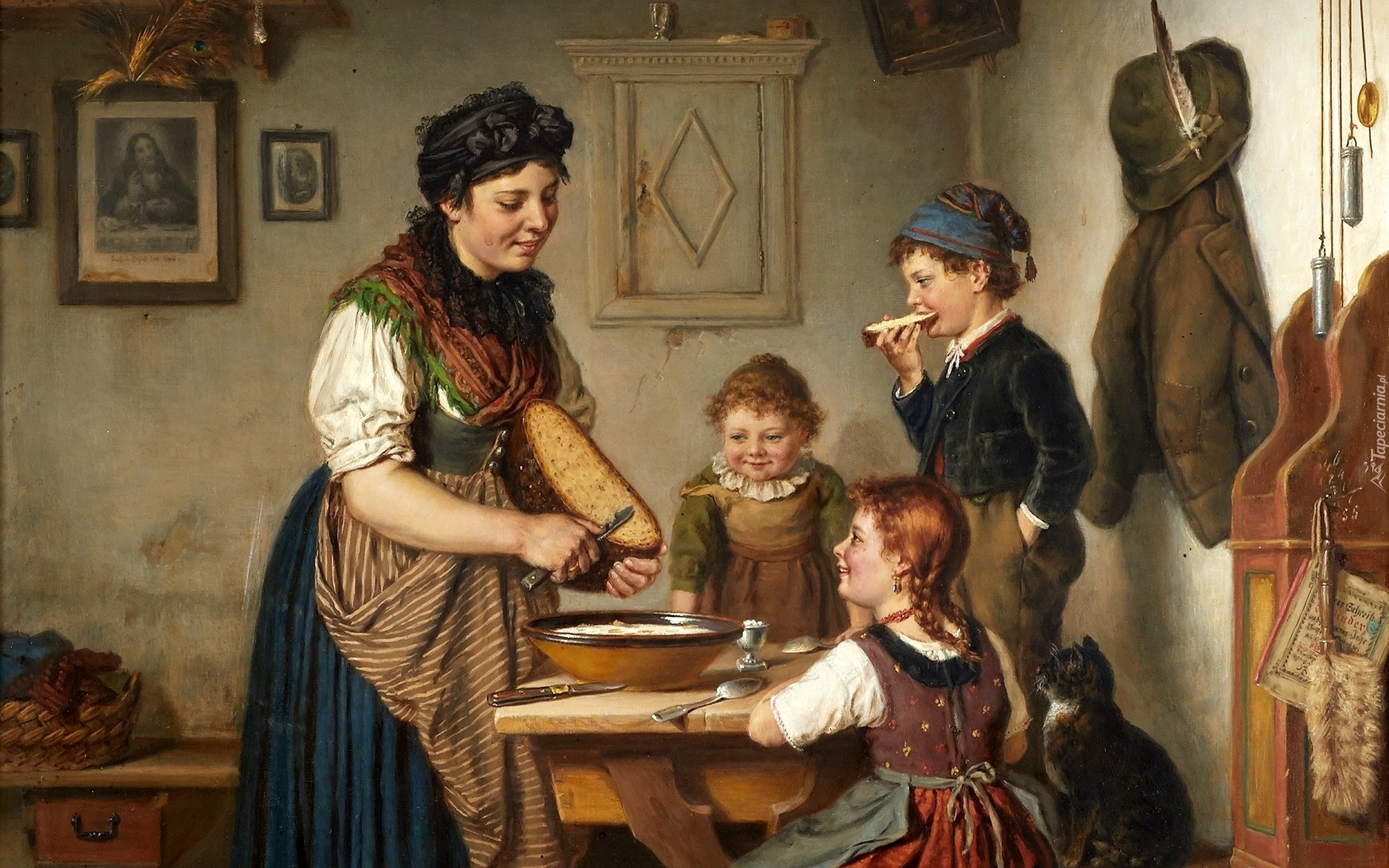 Kobieta, Dzieci, Kuchnia, Chleb, Malarstwo, Obraz, Karl Hetz
