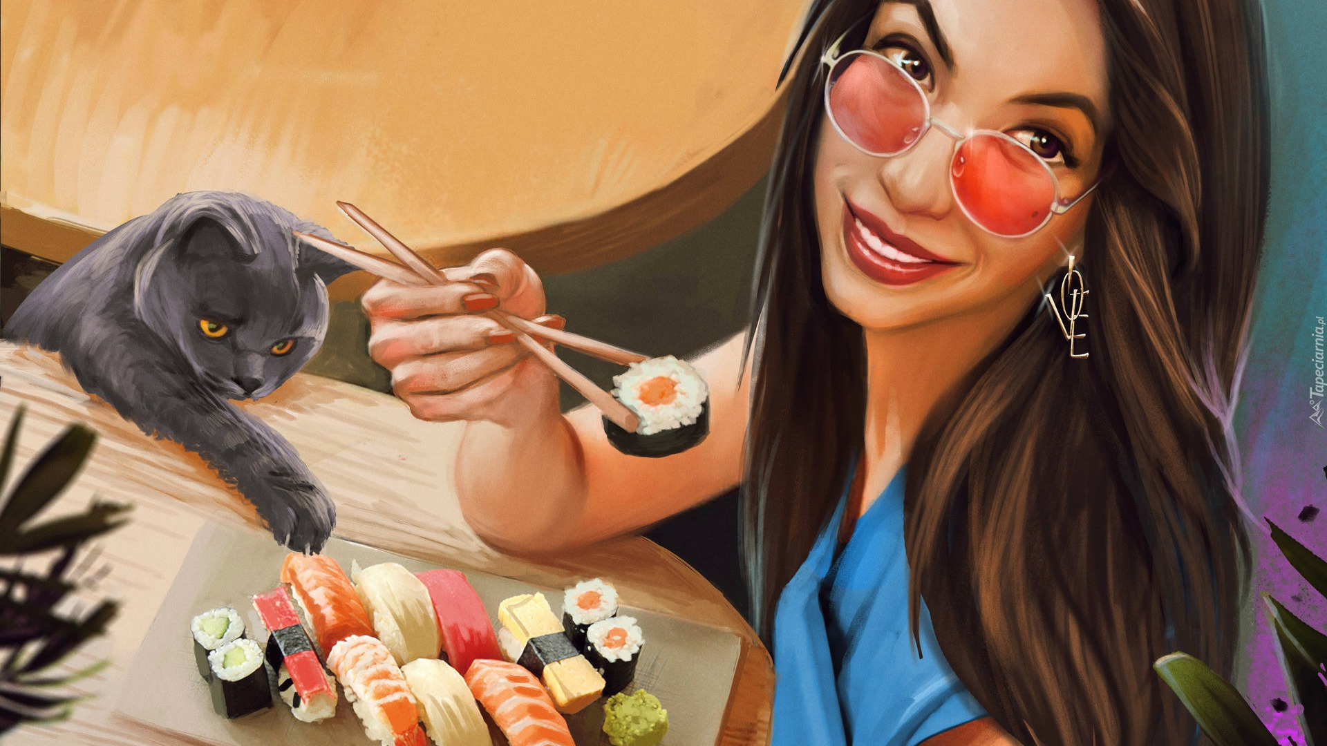 Kobieta, Sushi, Kot, Grafika