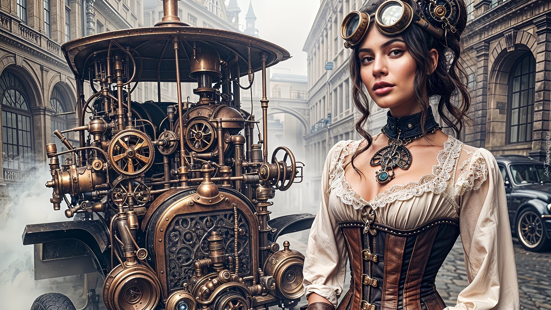 Kobieta, Steampunk, Domy, Kamienice, Samochód, Fantasy