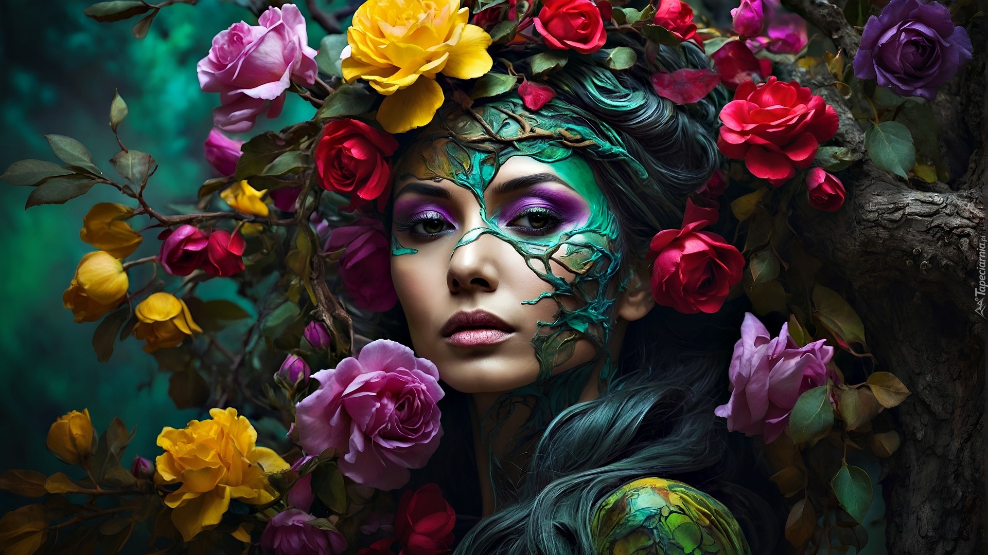 Kobieta, Twarz, Makijaż, Róże, Grafika Abstrakcja
