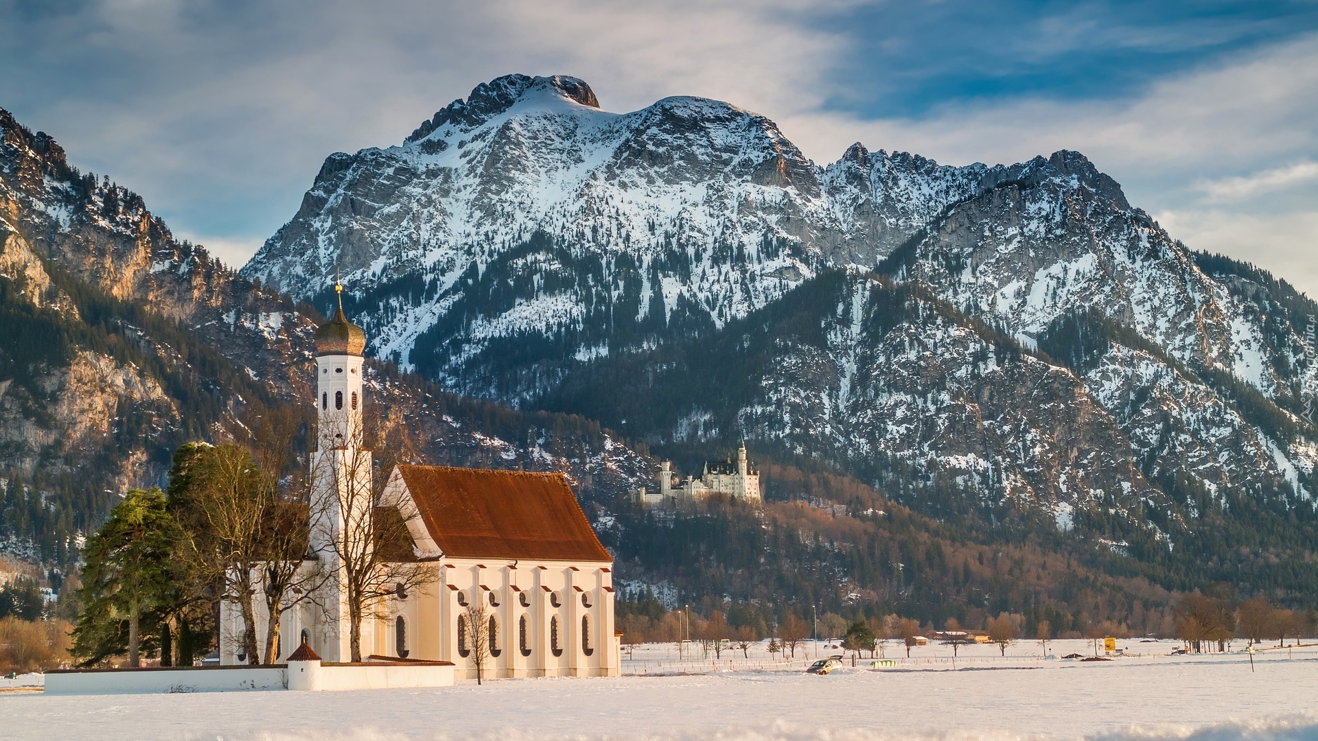 Góry, Alpy, Kościół Eglise Saint Coloman, Zima, Region Allgau, Bawaria, Niemcy