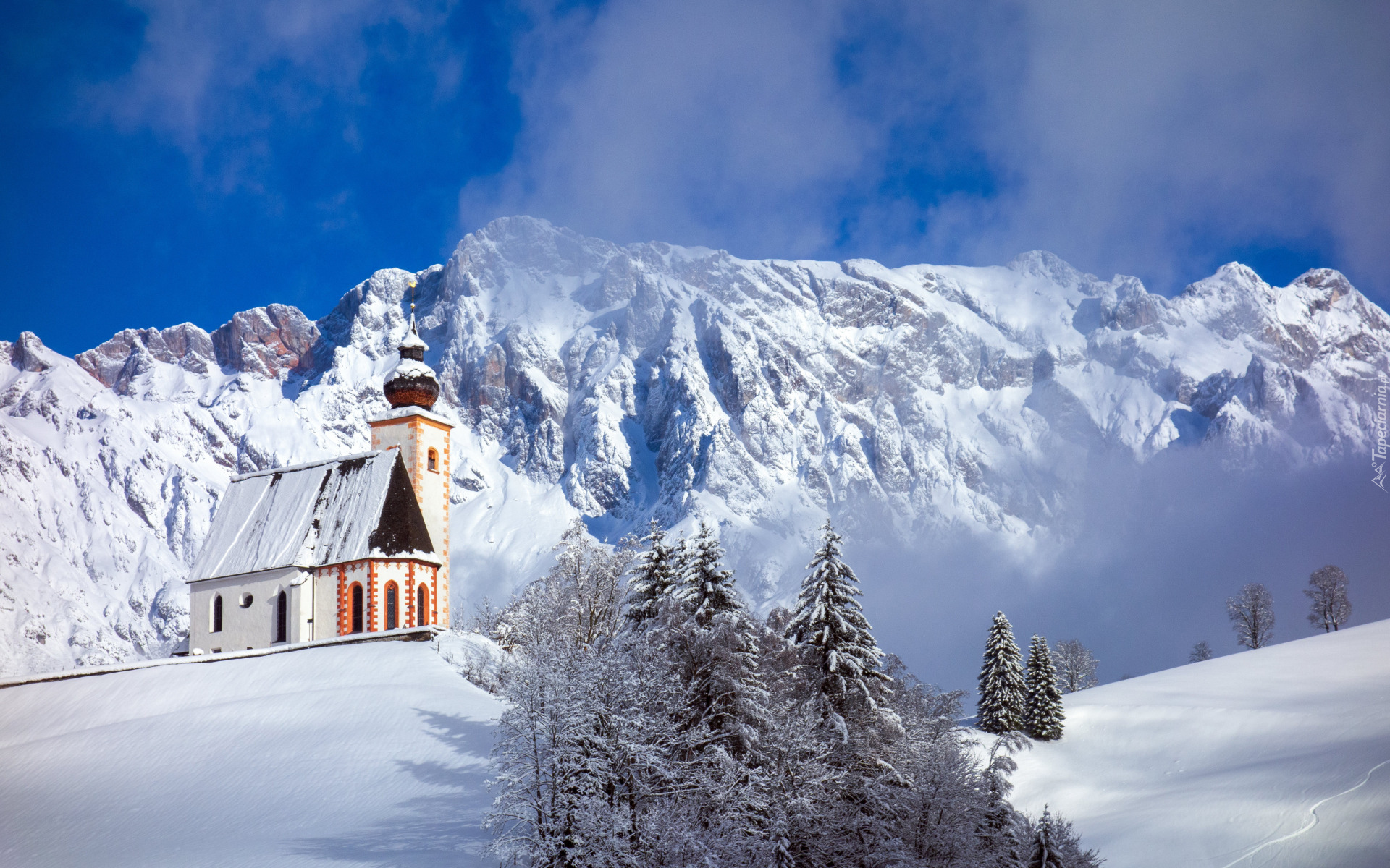 Zima, Śnieg, Drzewa, Góry, Kościół