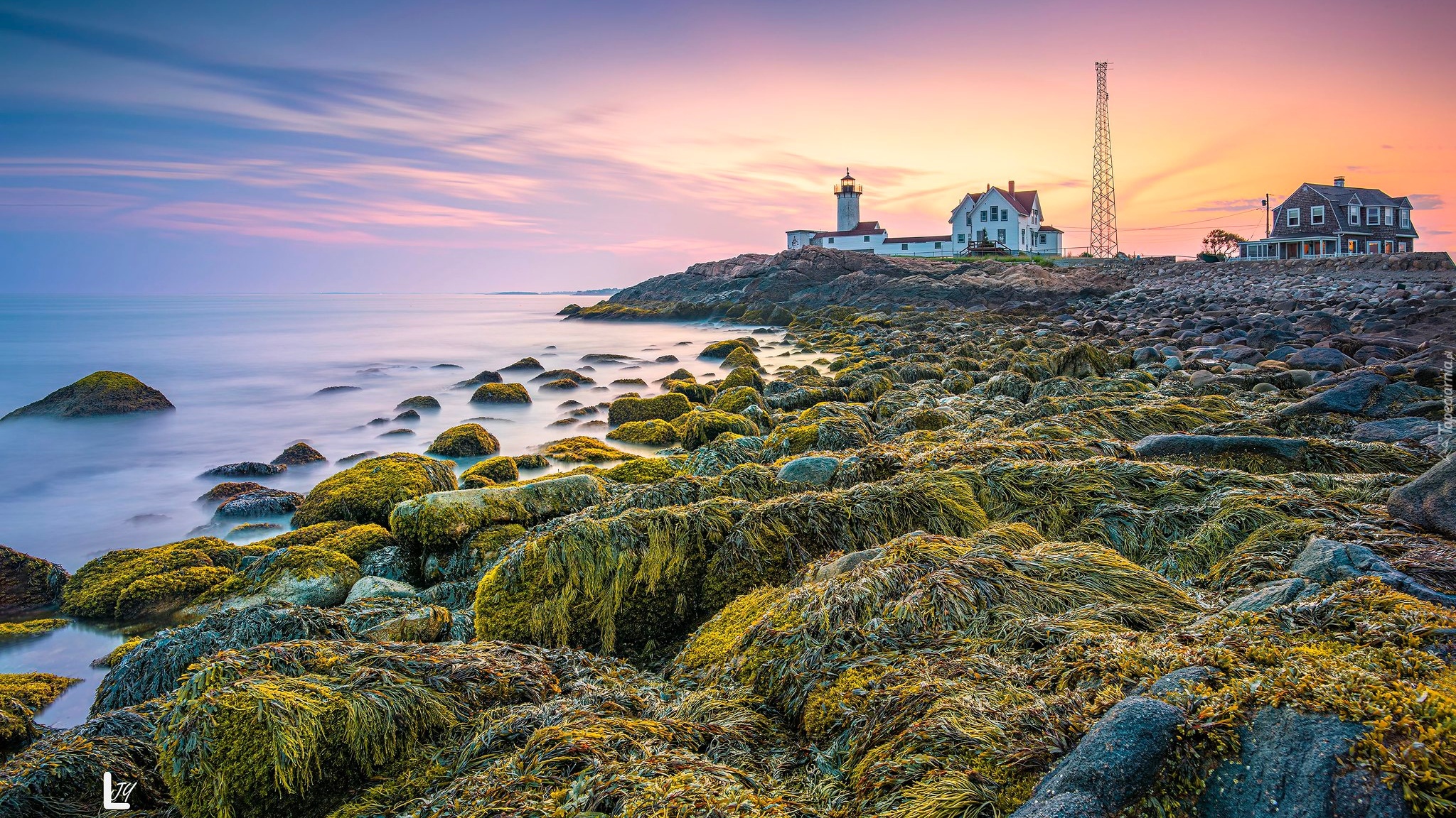 Stany Zjednoczone, Stan Massachusetts, Zatoka, Cape Cod Bay, Morze, Latarnia morska, Nobska Point Light, Skały, Wschód słońca