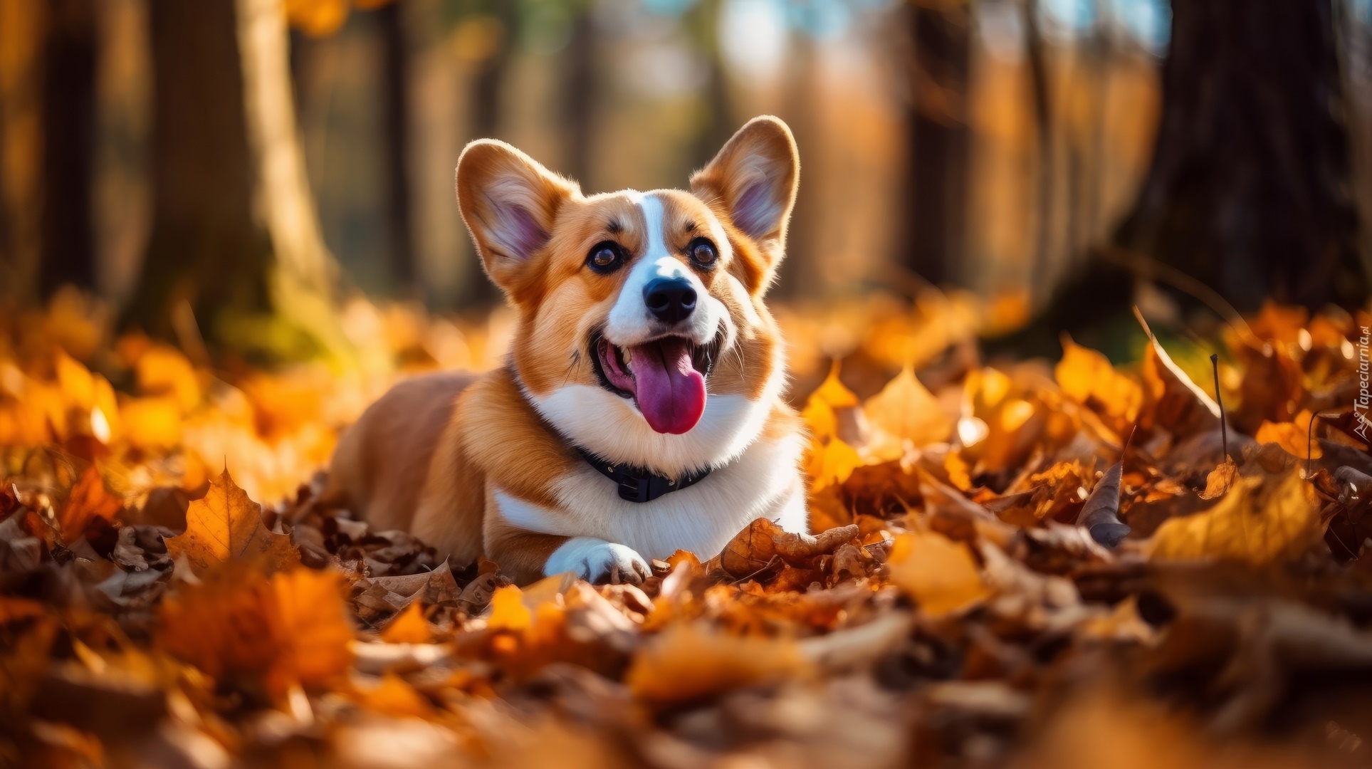 Welsh corgi pembroke, Pies, Liście, Jesień, Grafika