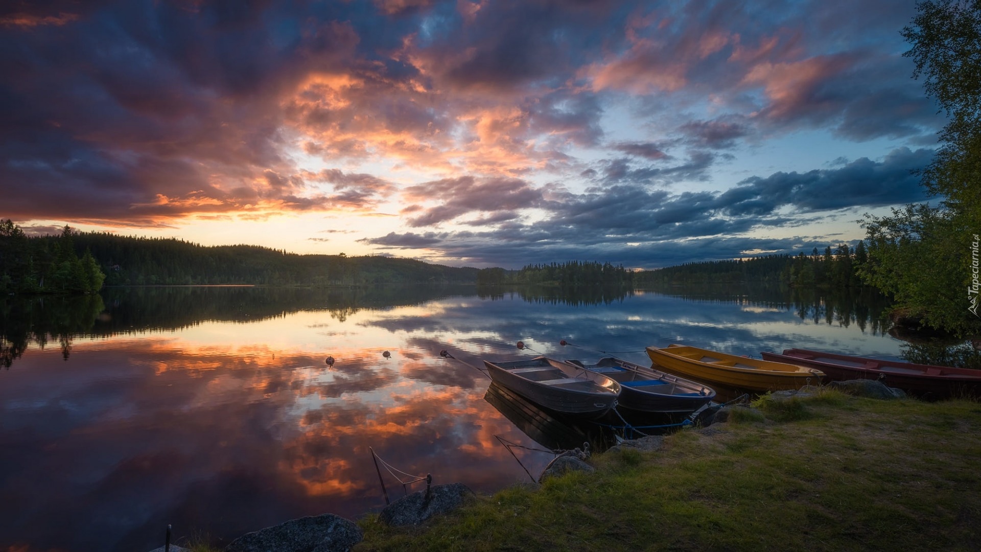 Norwegia, Ringerike, Zachód słońca, Jezioro, Łódki, Drzewa
