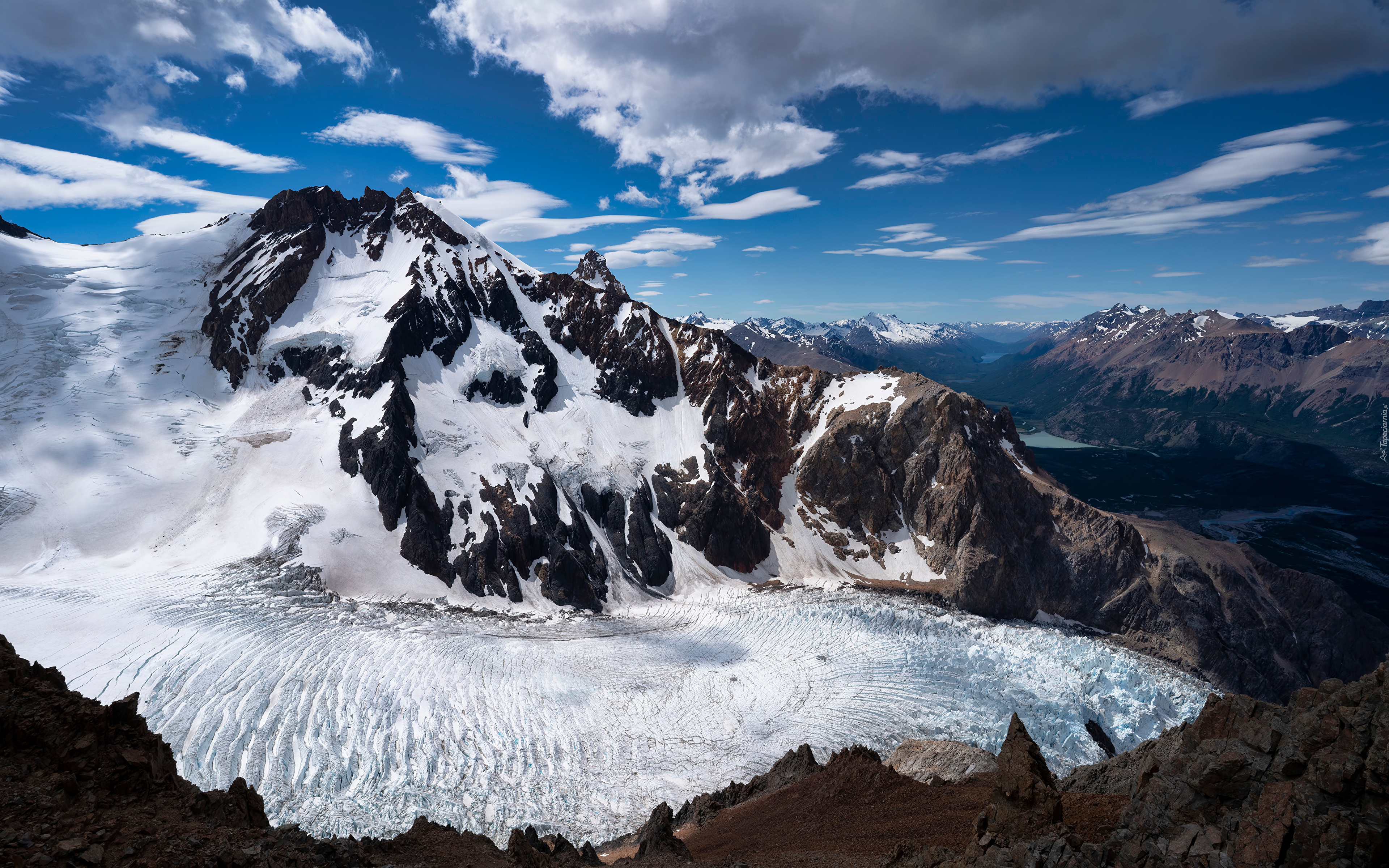 Lodowiec, Glaciar Piedras Blancas, Góry, Śnieg, Niebo, Chmury, Patagonia, Argentyna