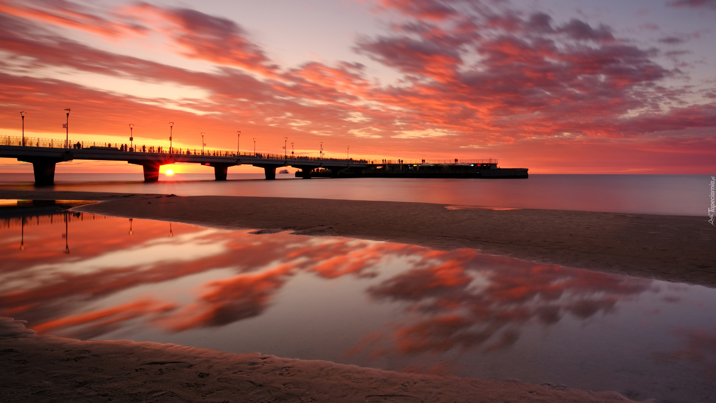 Molo, Plaża, Morze, Zachód słońca