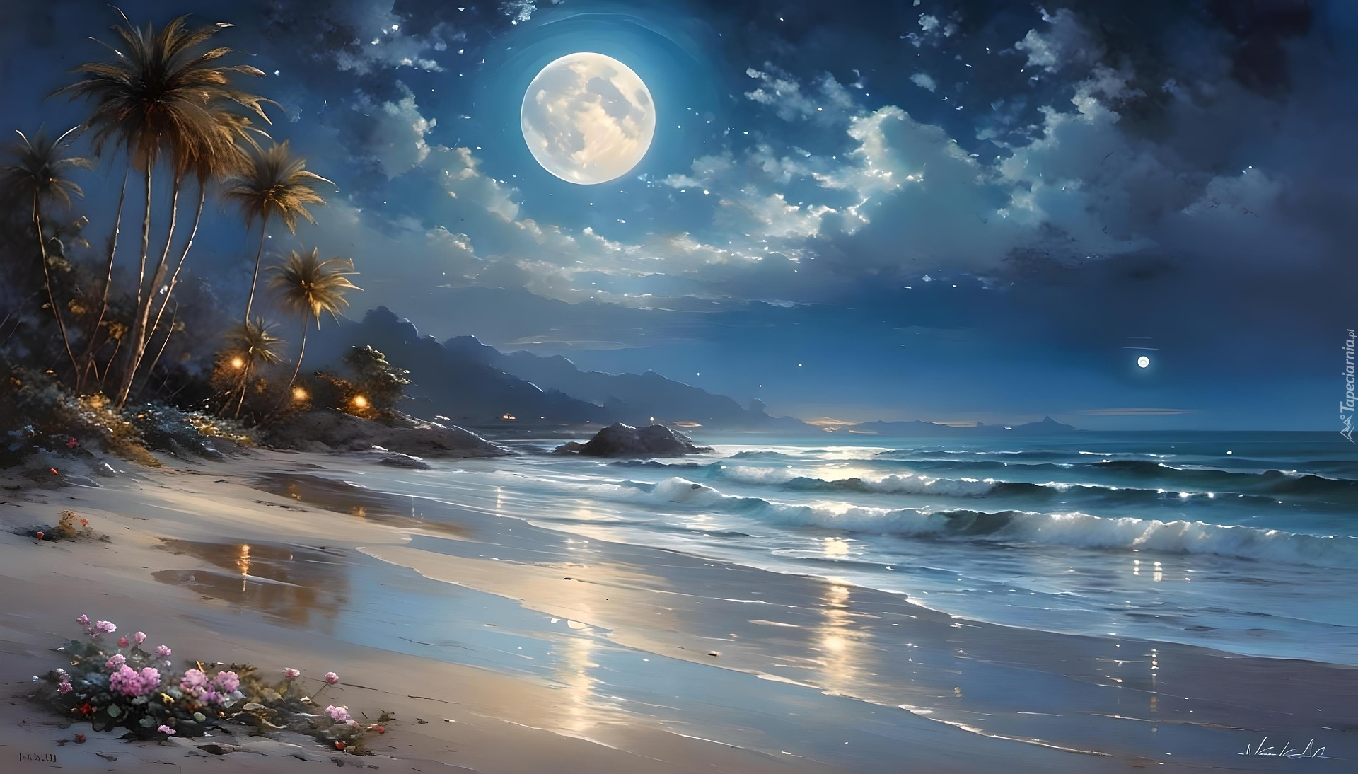 Morze, Plaża, Palmy, Noc, Księżyc