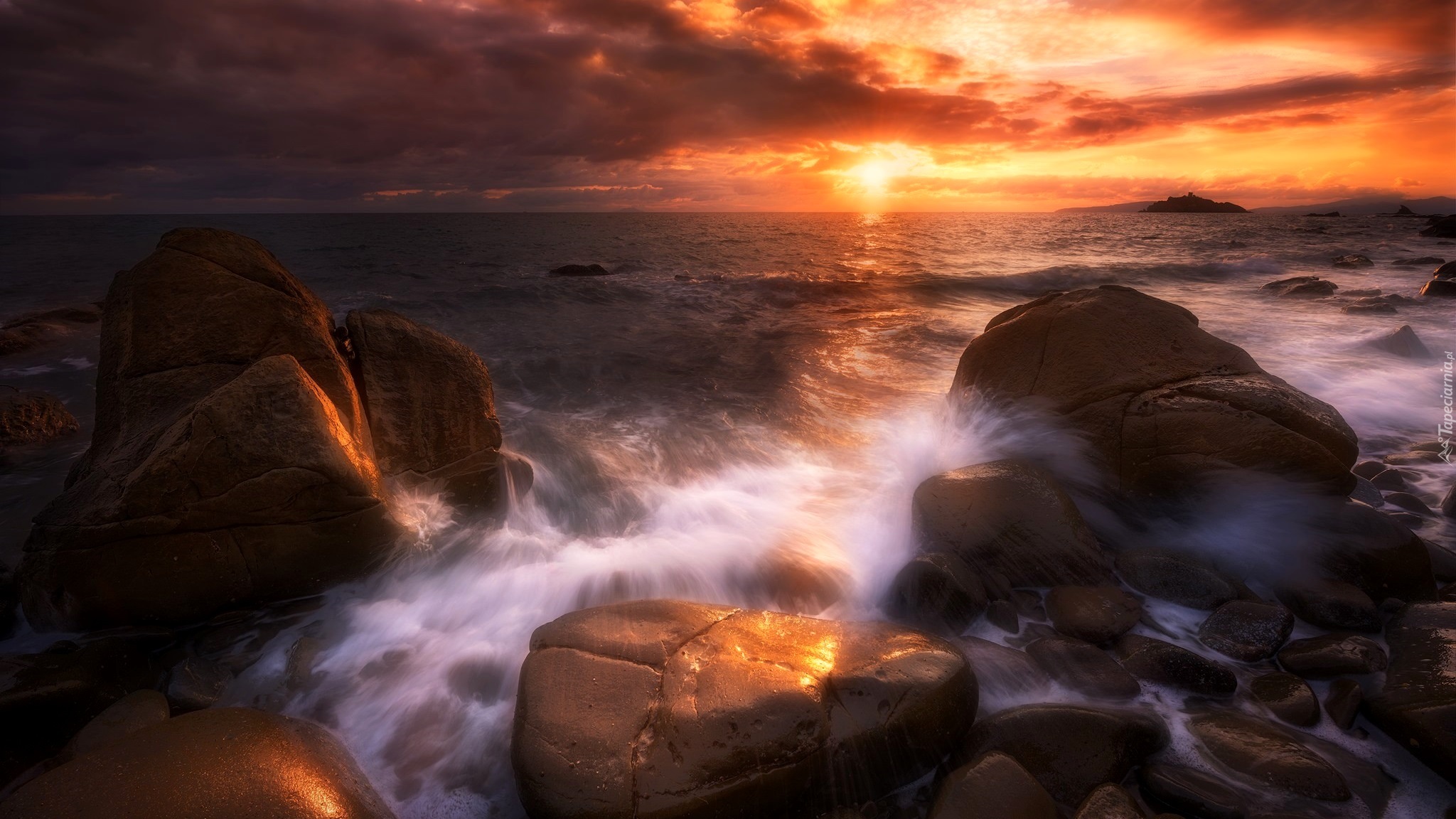 Morze, Zachód Słońca, Kamienie