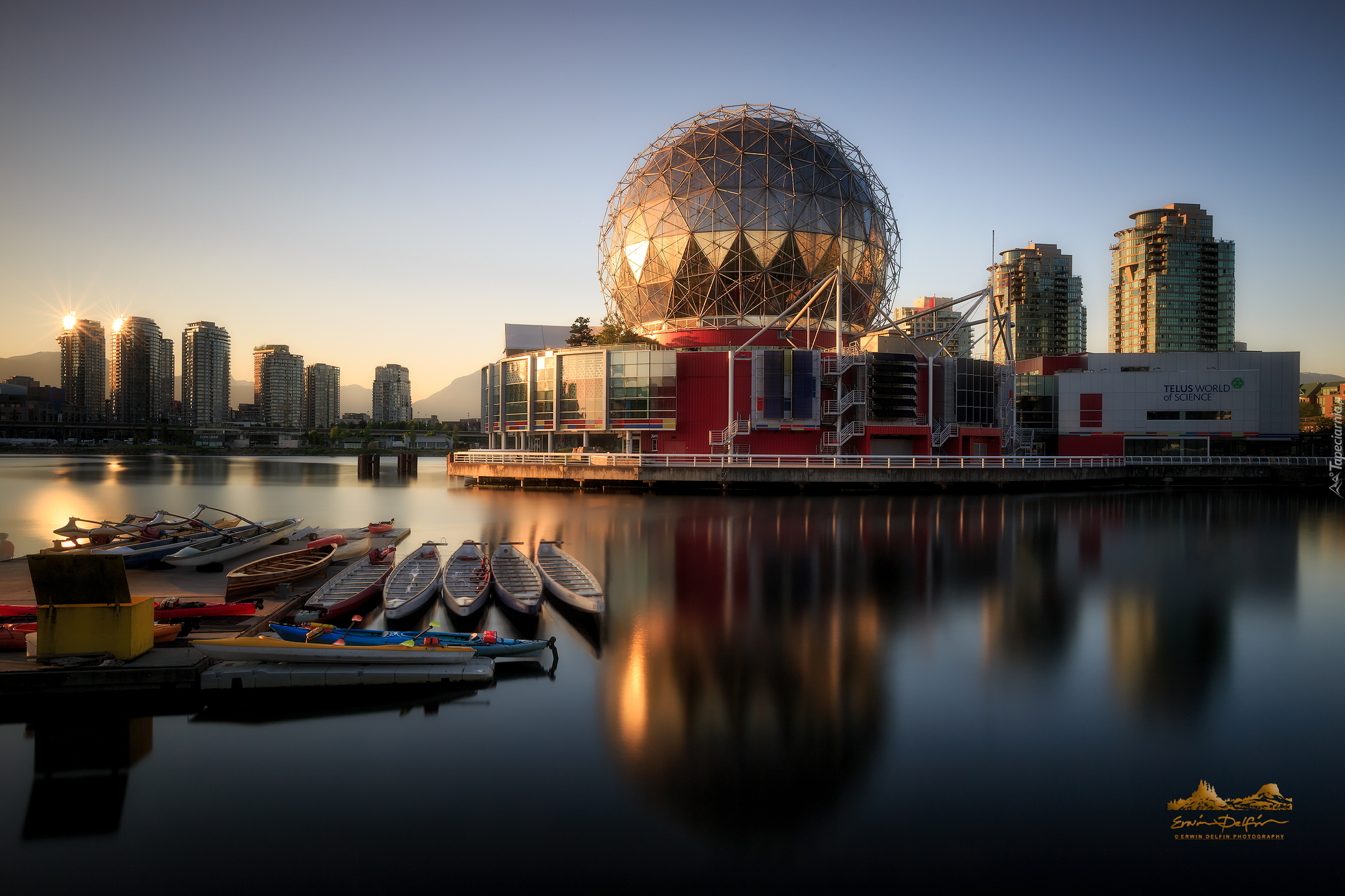 Kopuła, Muzeum Nauki, Science World at TELUS, Rzeka Fraser, Kajaki, Vancouver, Kanada