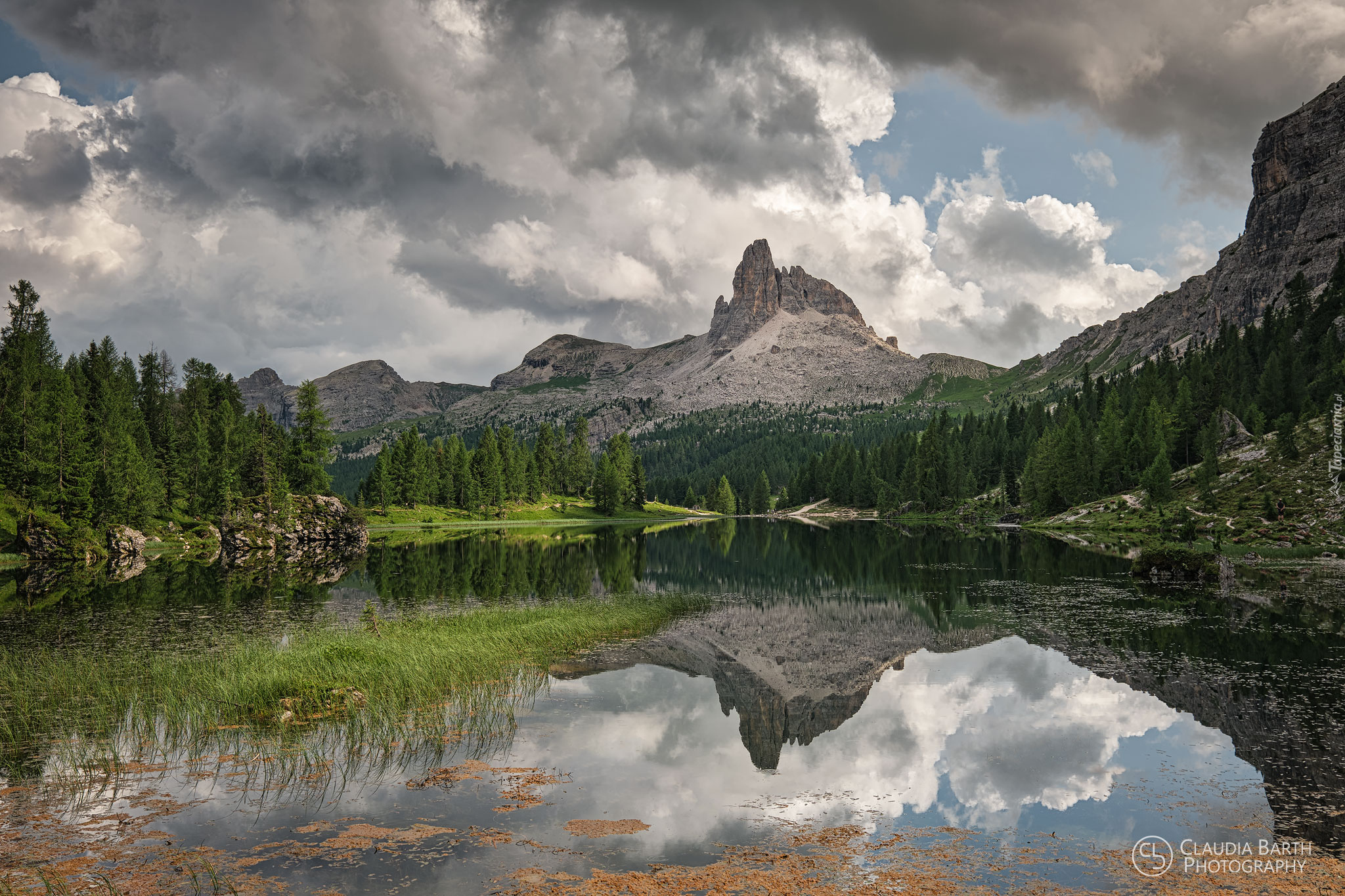 Włochy, Góry, Dolomity, Skały, Jezioro, Lago Federa, Drzewa, Kamienie, Trawa, Chmury