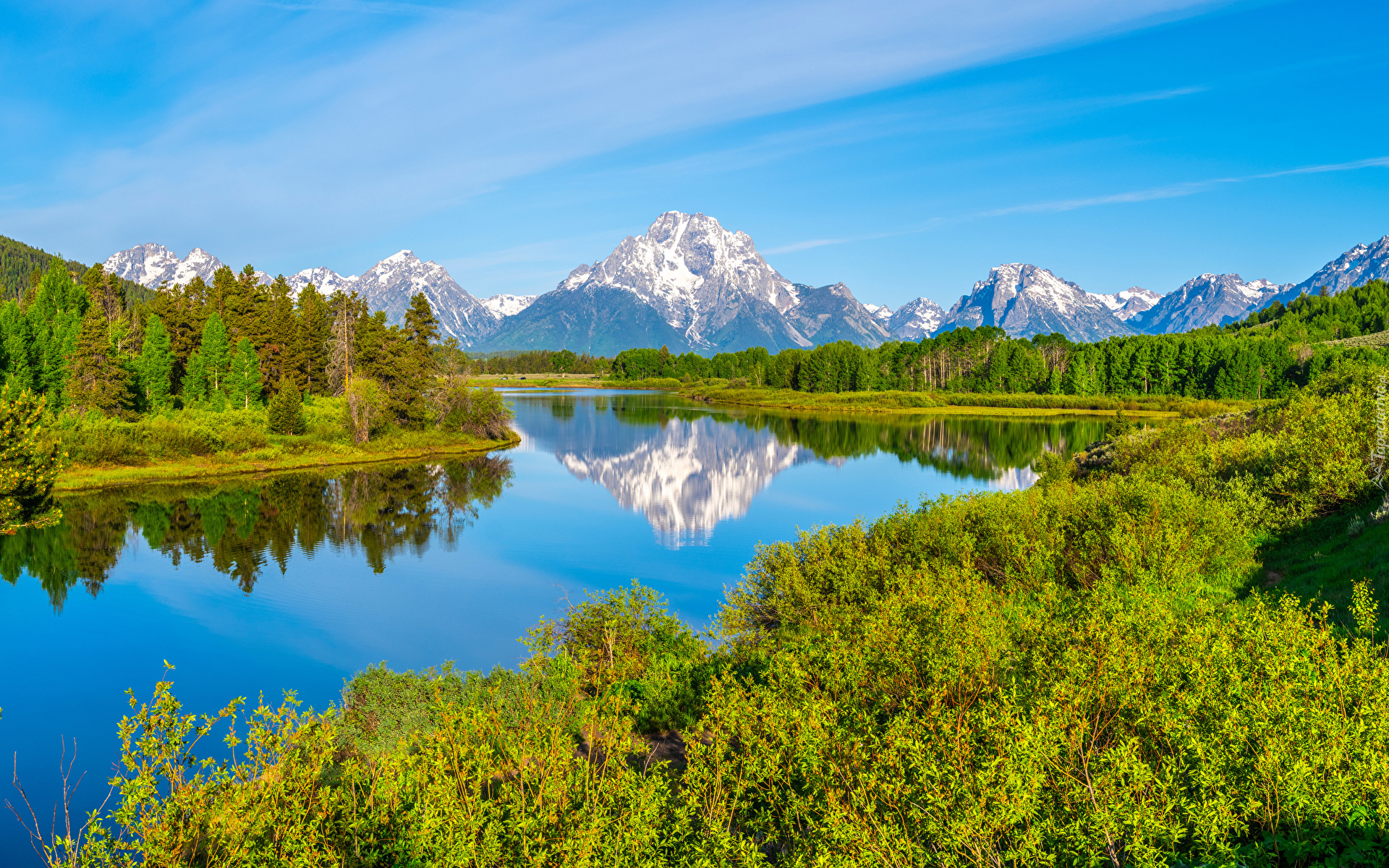 Stany Zjednoczone, Stan Wyoming, Park Narodowy Grand Teton, Ośnieżone, Góry, Rzeka, Snake River, Drzewa