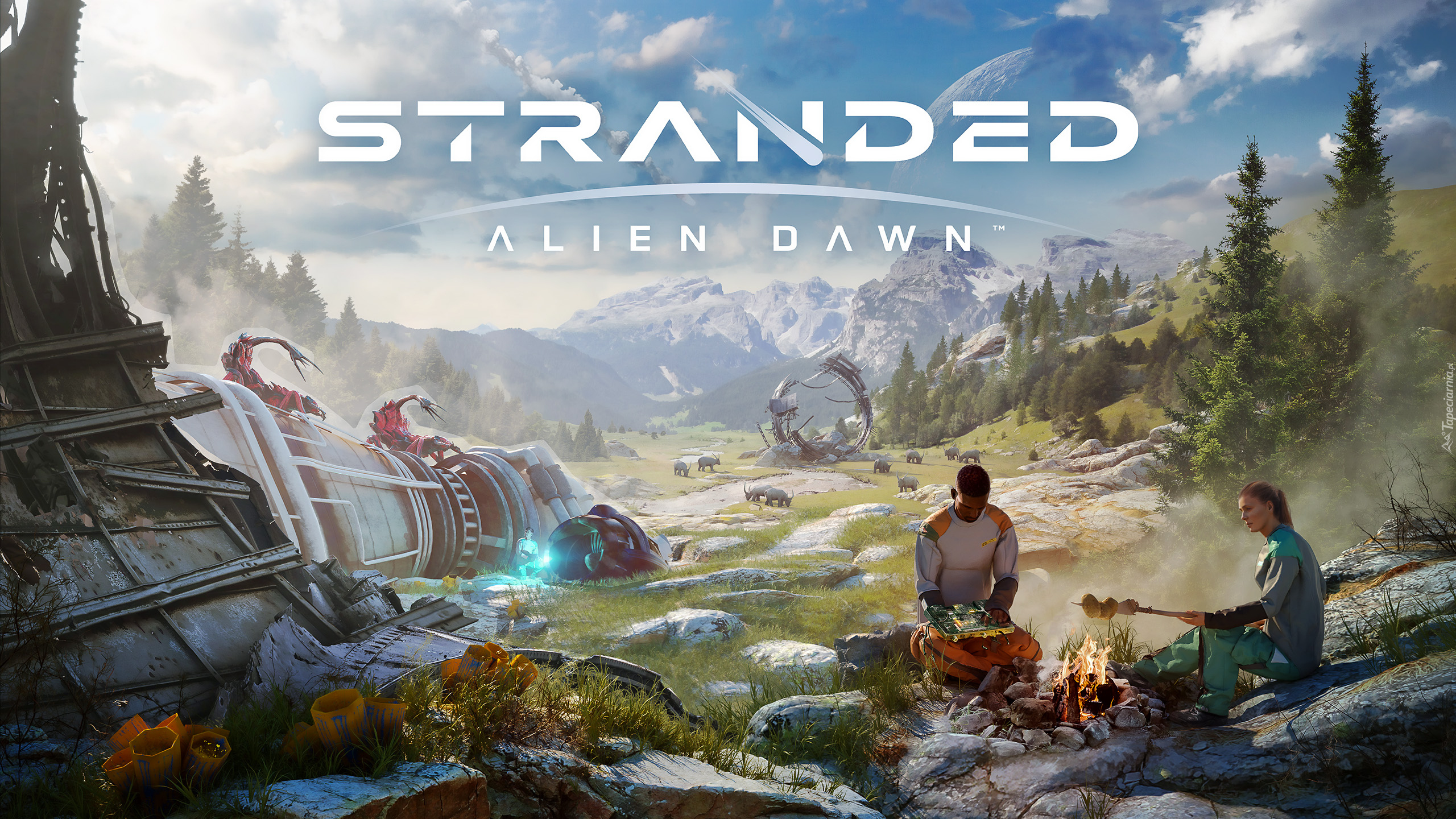 Gra, Stranded Alien Dawn, Wrak, Ludzie, Ognisko, Góry, Plakat