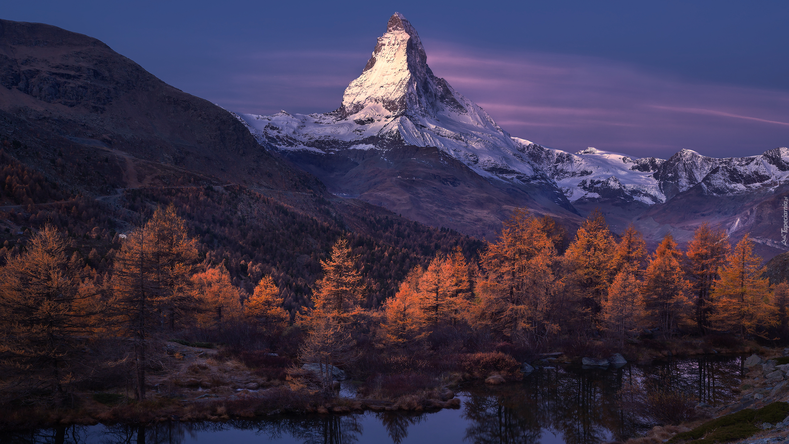 Szwajcaria, Góry, Alpy Pennińskie, Szczyt Matterhorn, Jesień, Las, Pożółkłe, Drzewa, Rzeka