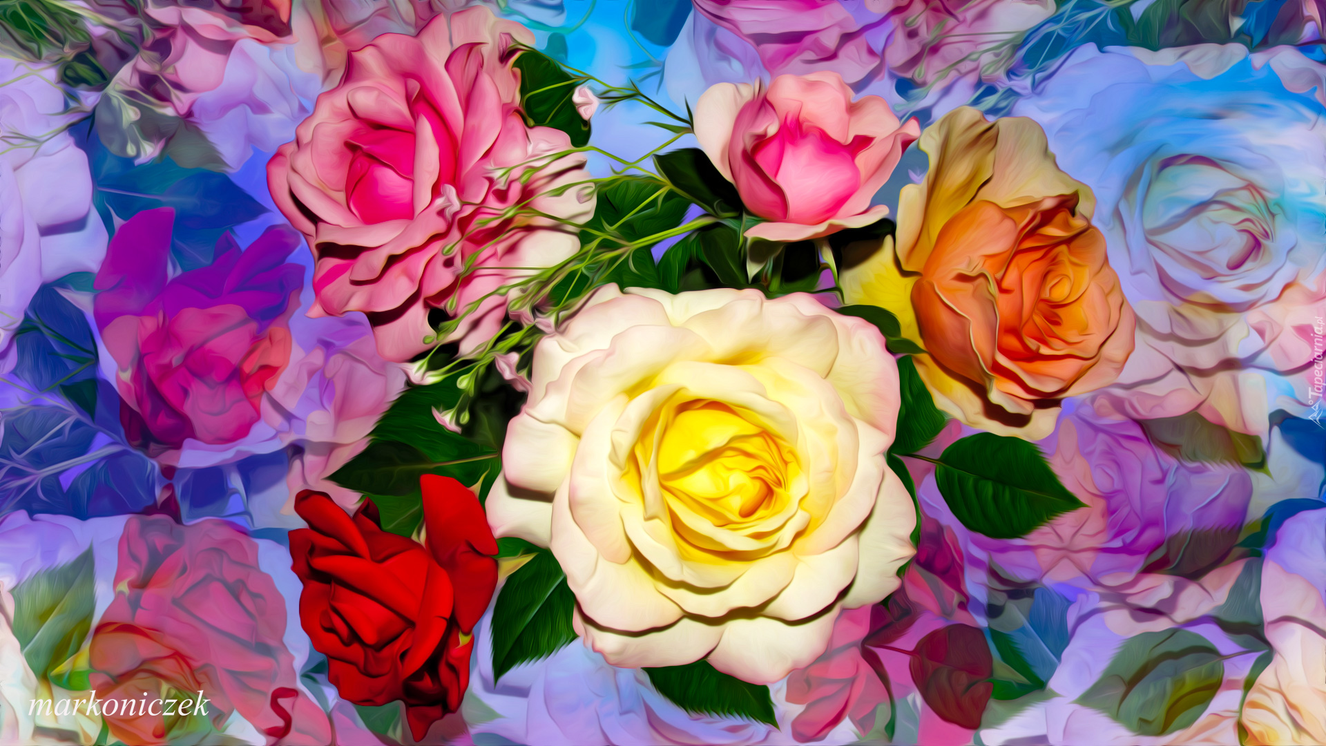 Kolorowe, Kwiaty, Róże, Grafika