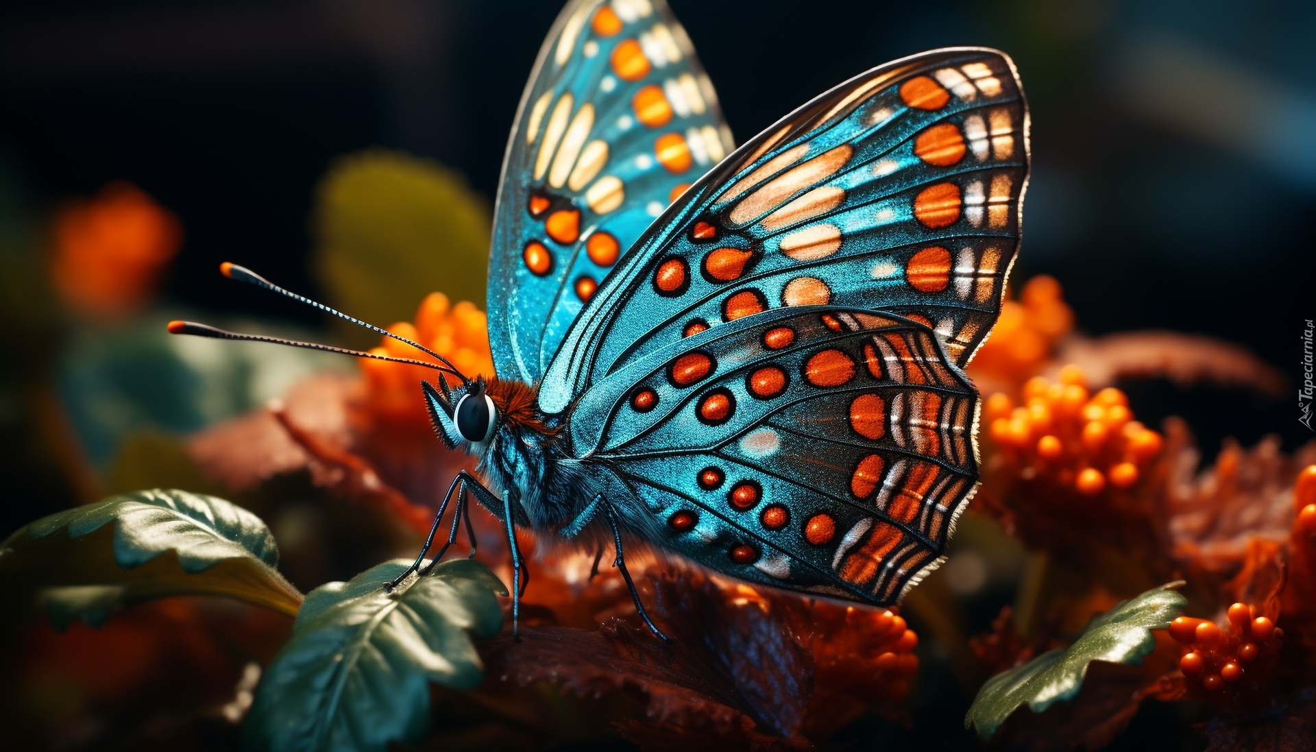 Motyl, Niebieski, Kwiaty, Liście, Grafika