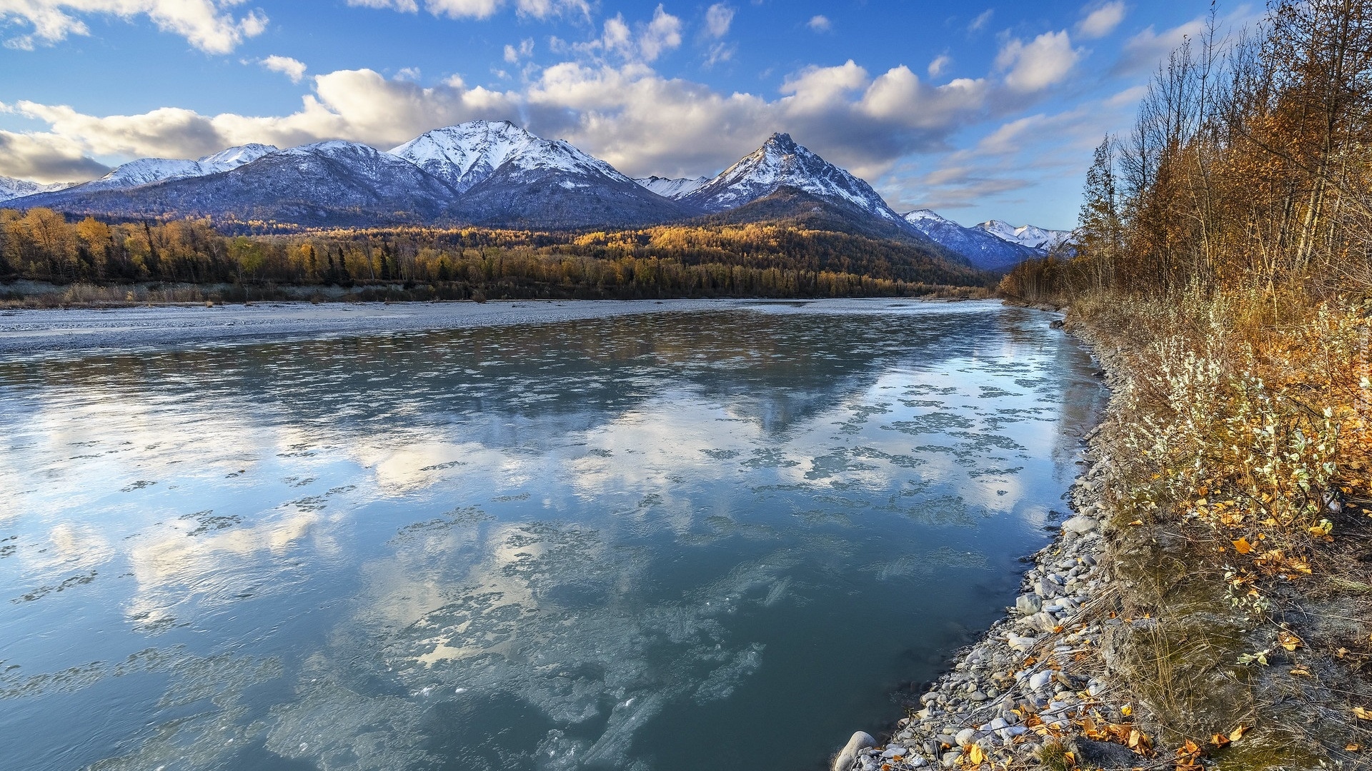 Góry, Rzeka, Matanuska River, Drzewa, Alaska, Stany Zjednoczone