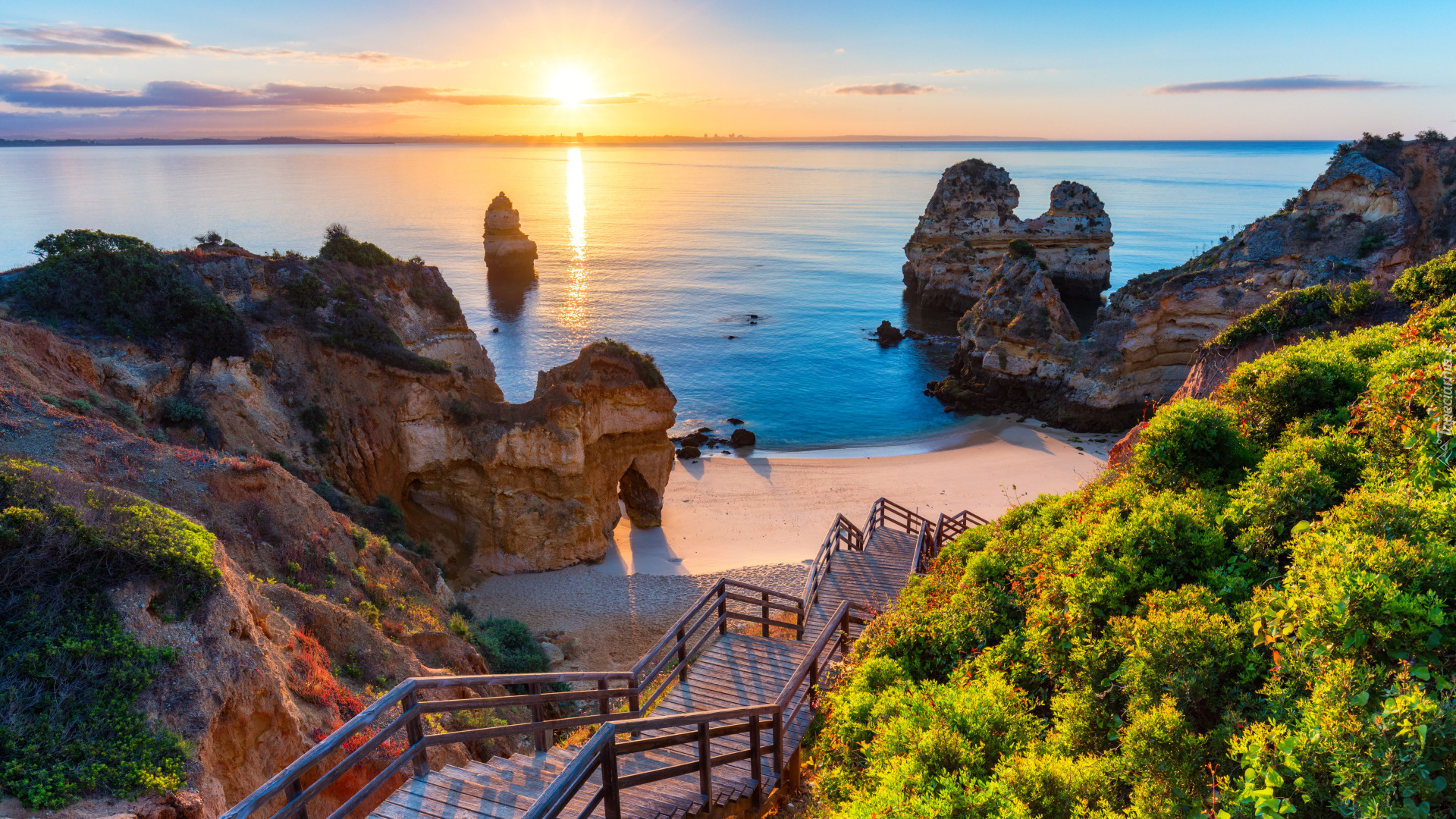 Morze, Skały, Schody, Zachód słońca, Wybrzeże, Algarve, Plaża, Camilo Beach, Lagos, Portugalia