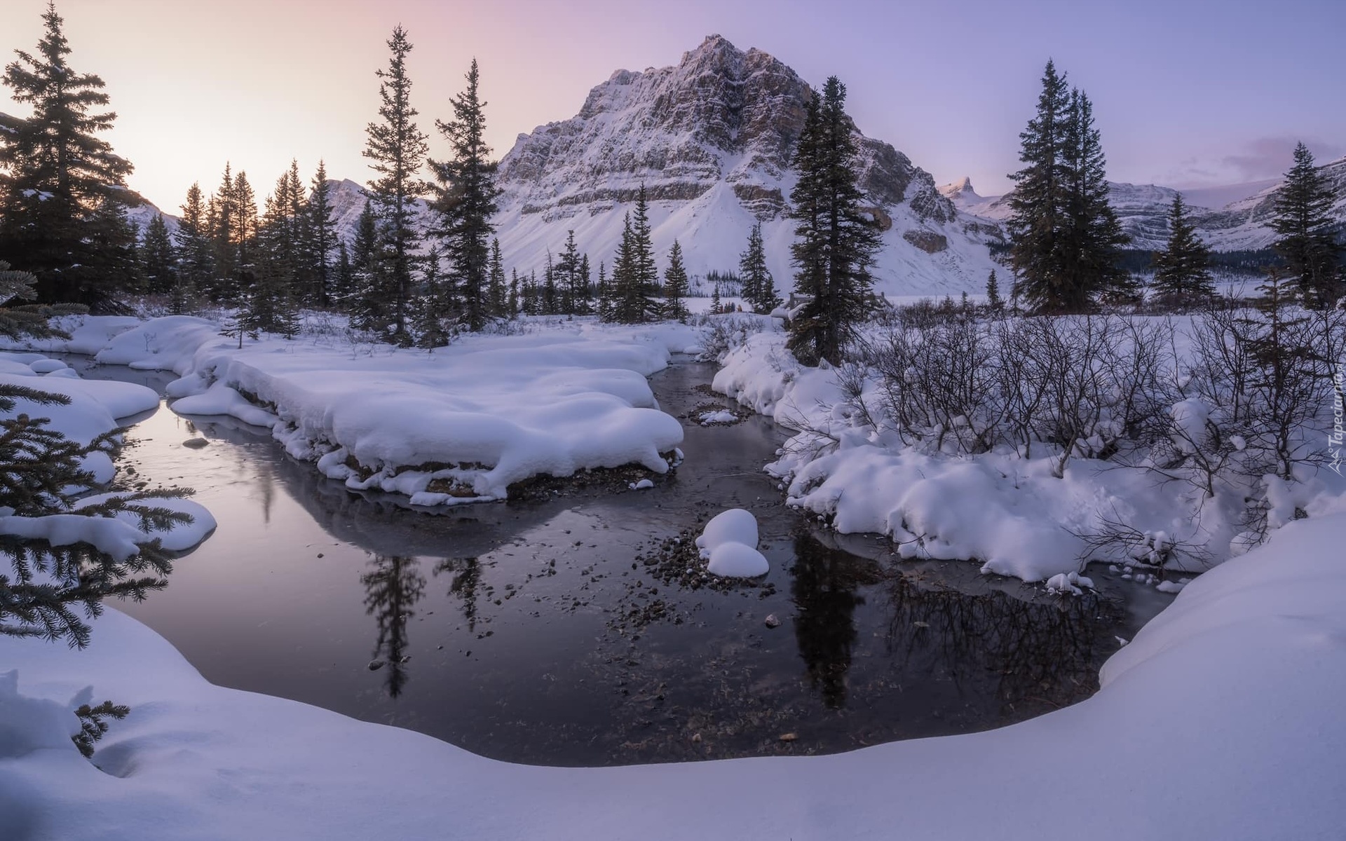 Kanada, Alberta, Park Narodowy Banff, Góry, Jezioro, Zima, Drzewa, Wschód słońca