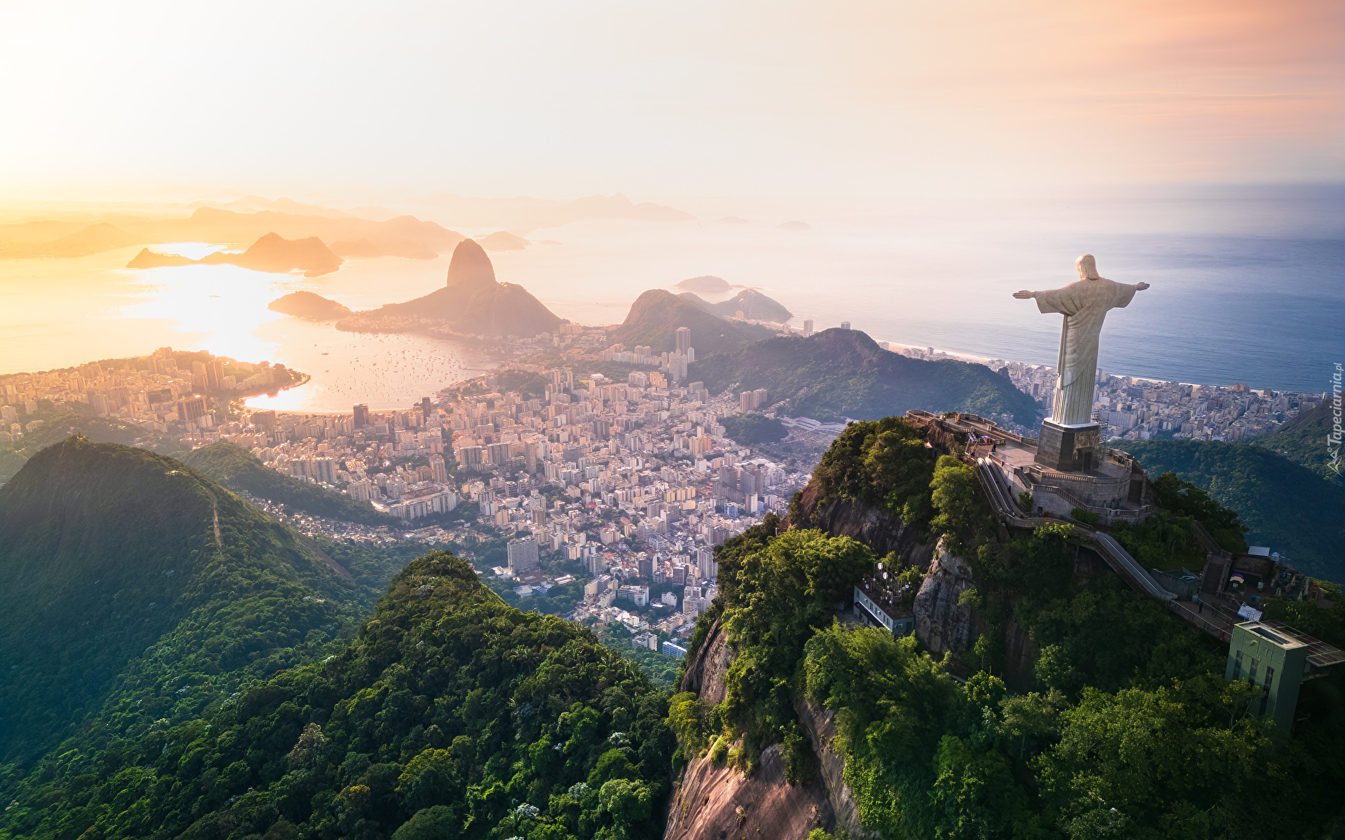 Brazylia, Rio de Janeiro, Ocean, Mgła, Domy, Góry, Statua Chrystusa Zbawiciela
