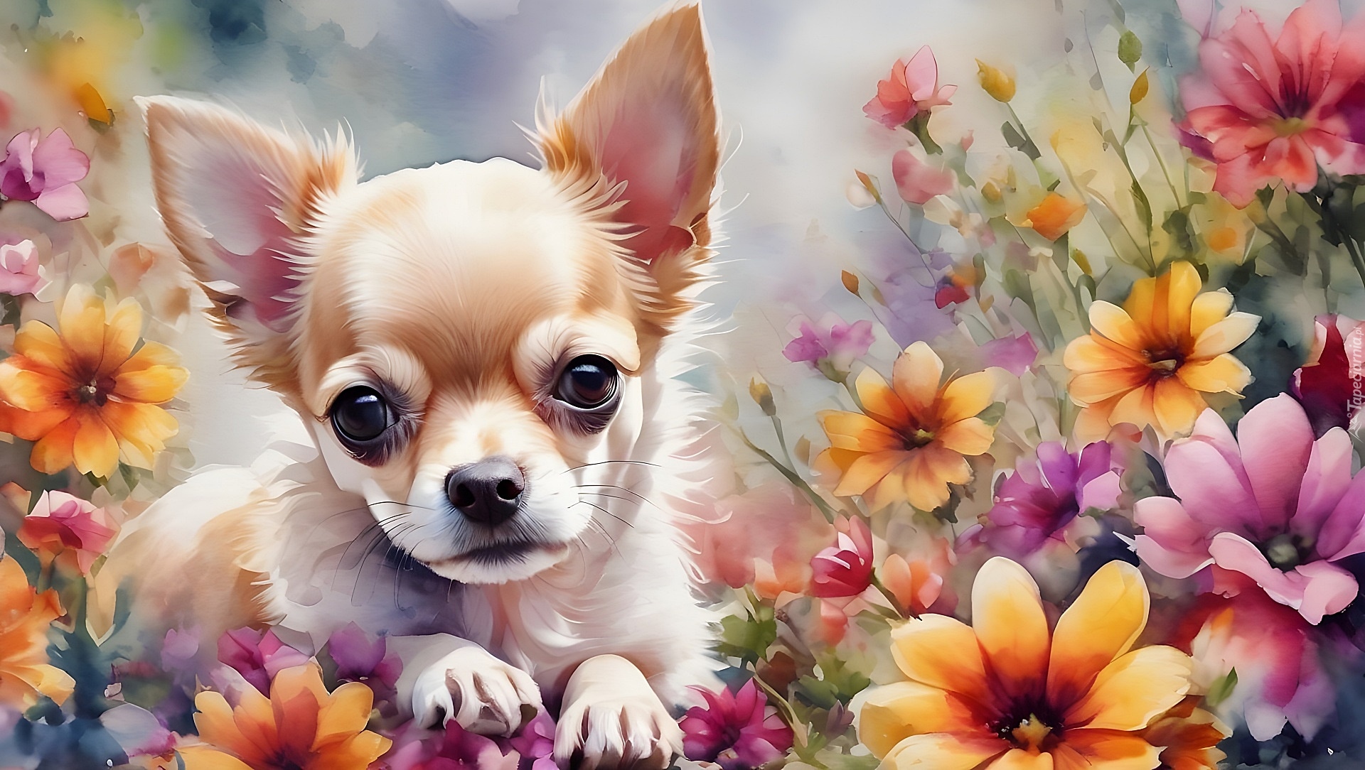 Chihuahua, Pies, Szczeniak, Kwiaty, Akwarela, Grafika