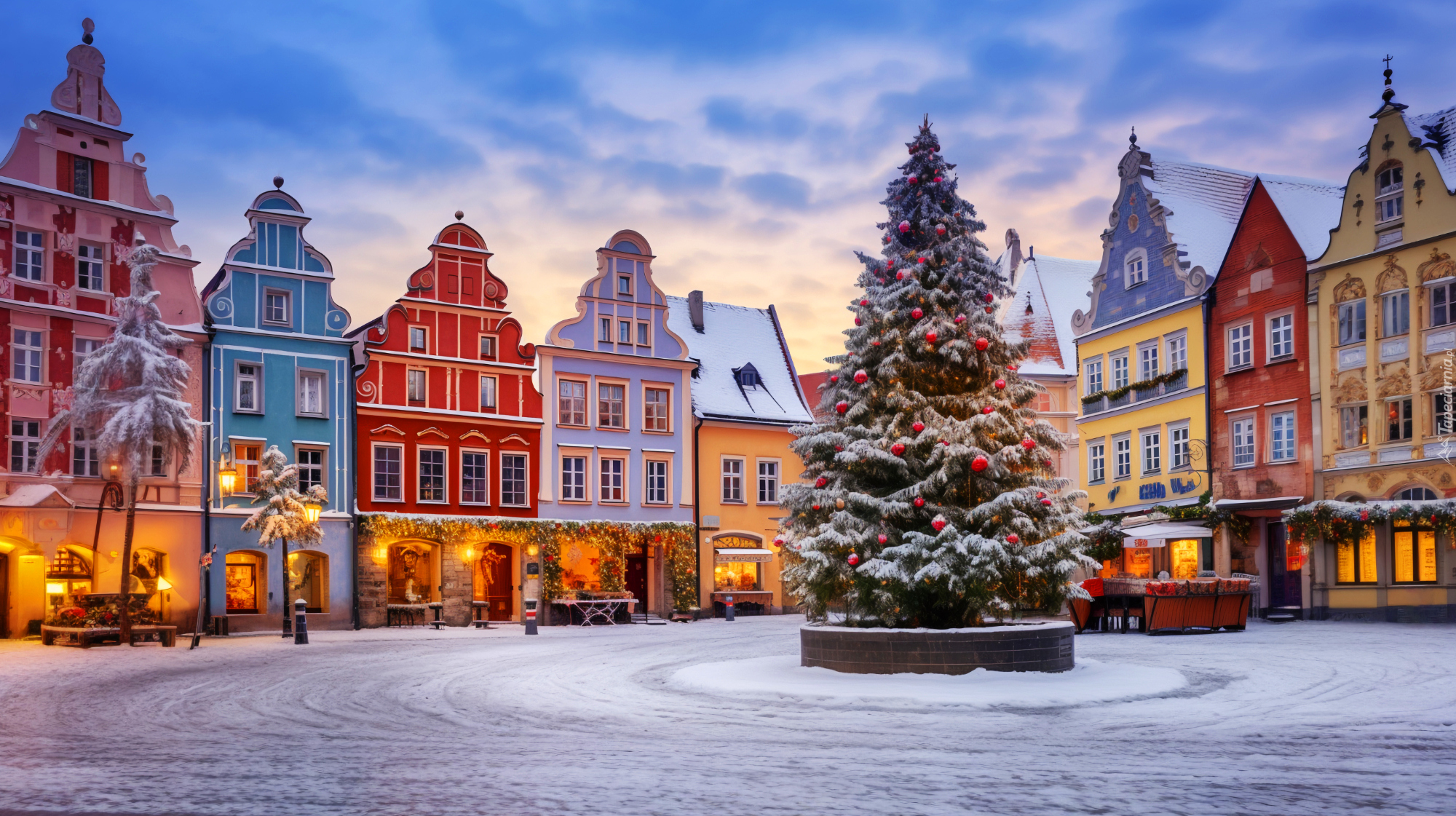 Miasto, Rynek, Domy, Boże Narodzenie, Choinka, Zima