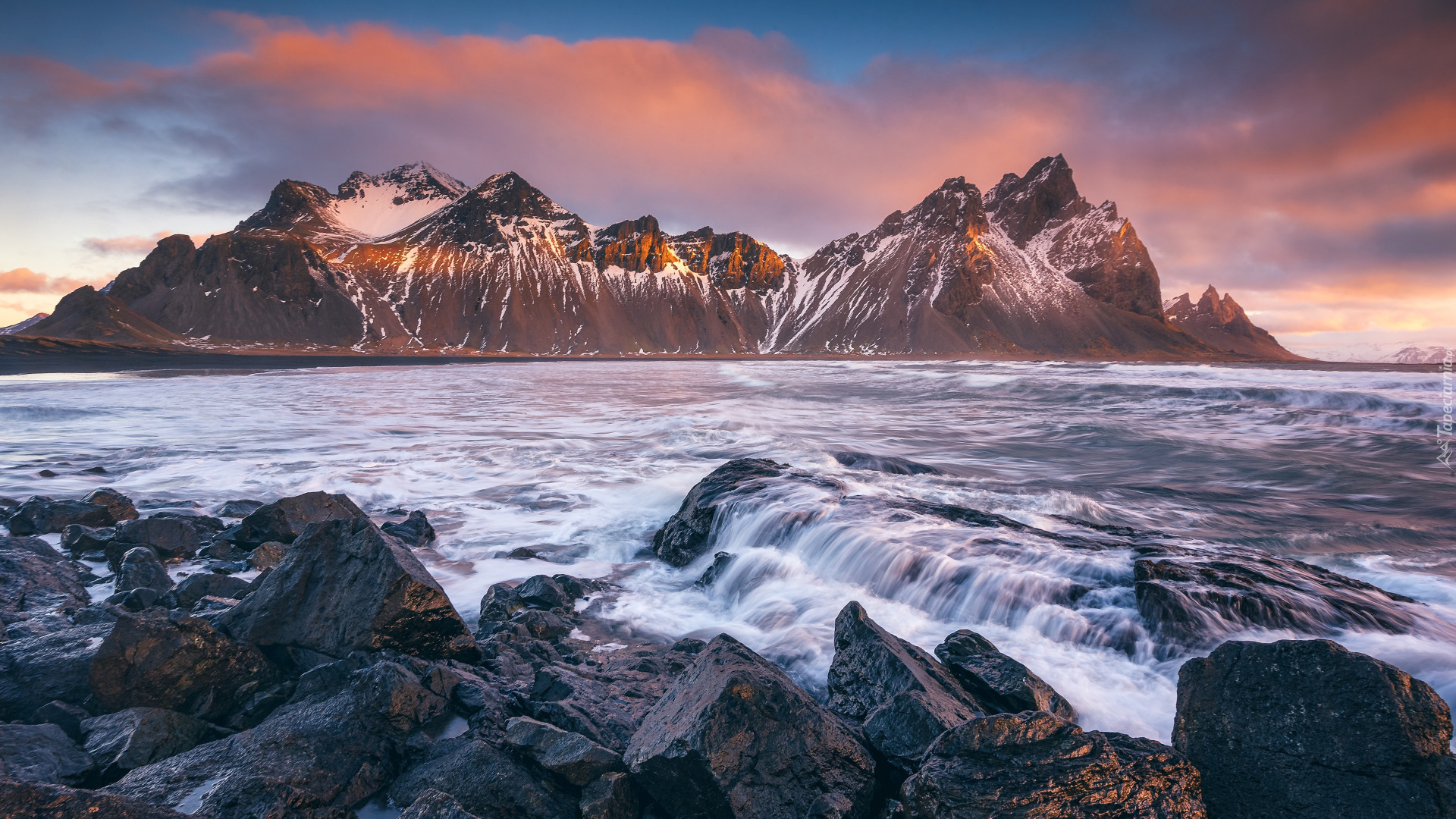 Morze, Skały, Kamienie, Góry, Góra Vestrahorn, Islandia