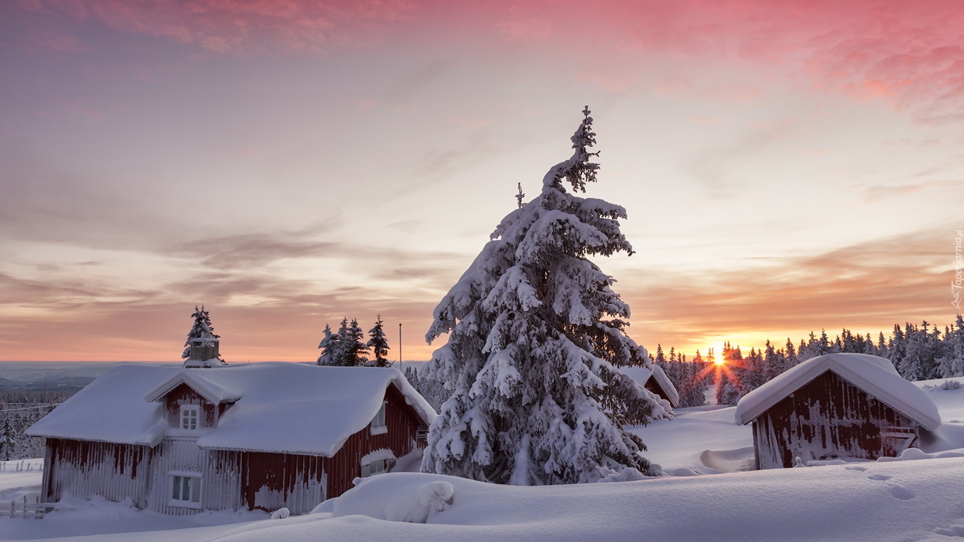 Norwegia, Gmina Lillehammer, Zima, Zachód słońca, Domy, Ośnieżone, Drzewa