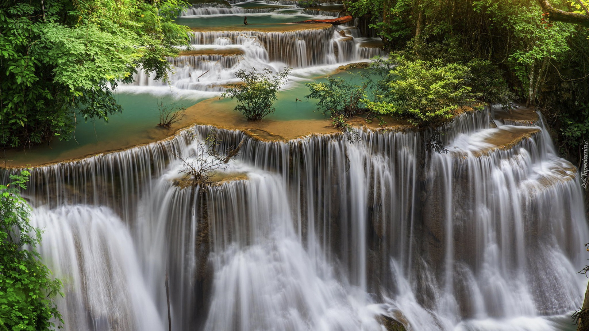 Wodospad, Erawan Falls, Kaskada, Park Narodowy Erawan, Drzewa, Prowincja Kanchanaburi, Tajlandia