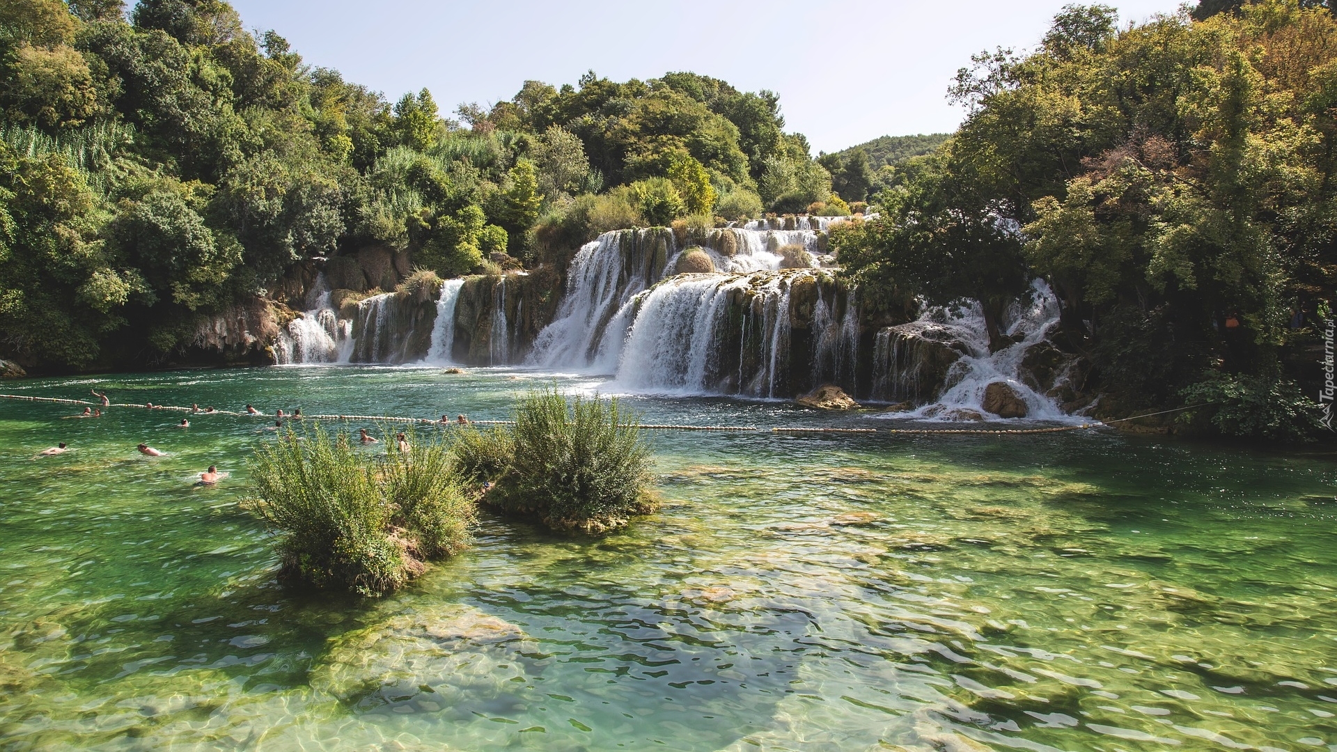 Rzeka, Wodospad, Skradinski Buk Waterfall, Krzewy, Drzewa, Park Narodowy Krka, Chorwacja
