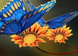 Niebieskie, Motyle, Kwiaty