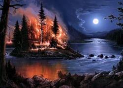 Noc, Las, Rzeka, Ogień, Księżyc, Drzewa