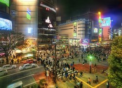 Tokio, Japonia, Ludzie, światła, Budynki, Skrzyżowania