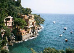 Wybrzeże, Domy, Skały, Drzewa, Łódki, Portofino, Włochy