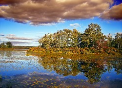 Jezioro, Drzewa, Chmury, Jesień