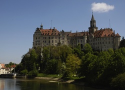 Zamek, Sigmaringen, Niemcy, Drzewa, Woda