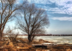 Rzeka, Drzewa, Zima, Łódź, Chmury