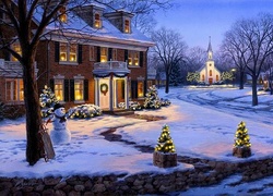 Domy, Ulica, Zima, Boże, Narodzenie, Malarstwo