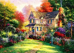 Dom, Kolorowe, Drzewa, Krzewy, Kwiaty, Obraz