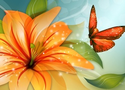 Pomarańczowy, Kwiat, Motyl, Art