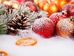 Boże, Narodzenie, Bombki, Szyszka, Plasterek, Pomarańcza, Śnieg