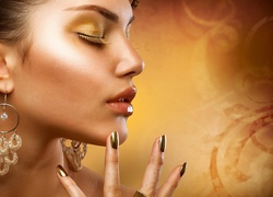 Kobieta, Profil, Złoty, Makijaż, Biżuteria