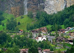 Góry, Wodospad, Las, Łąka, Kurort, Lauterbrunnen